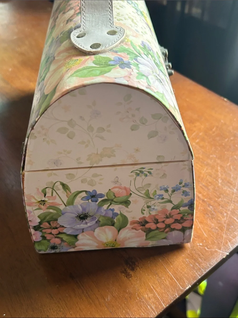 Floral Pink & Purple Decorative Storage Box with White Handle